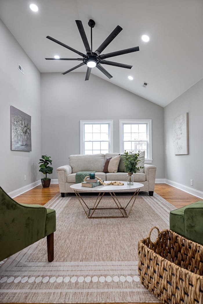 Spacious living room with contemporary decor and stylish furniture.